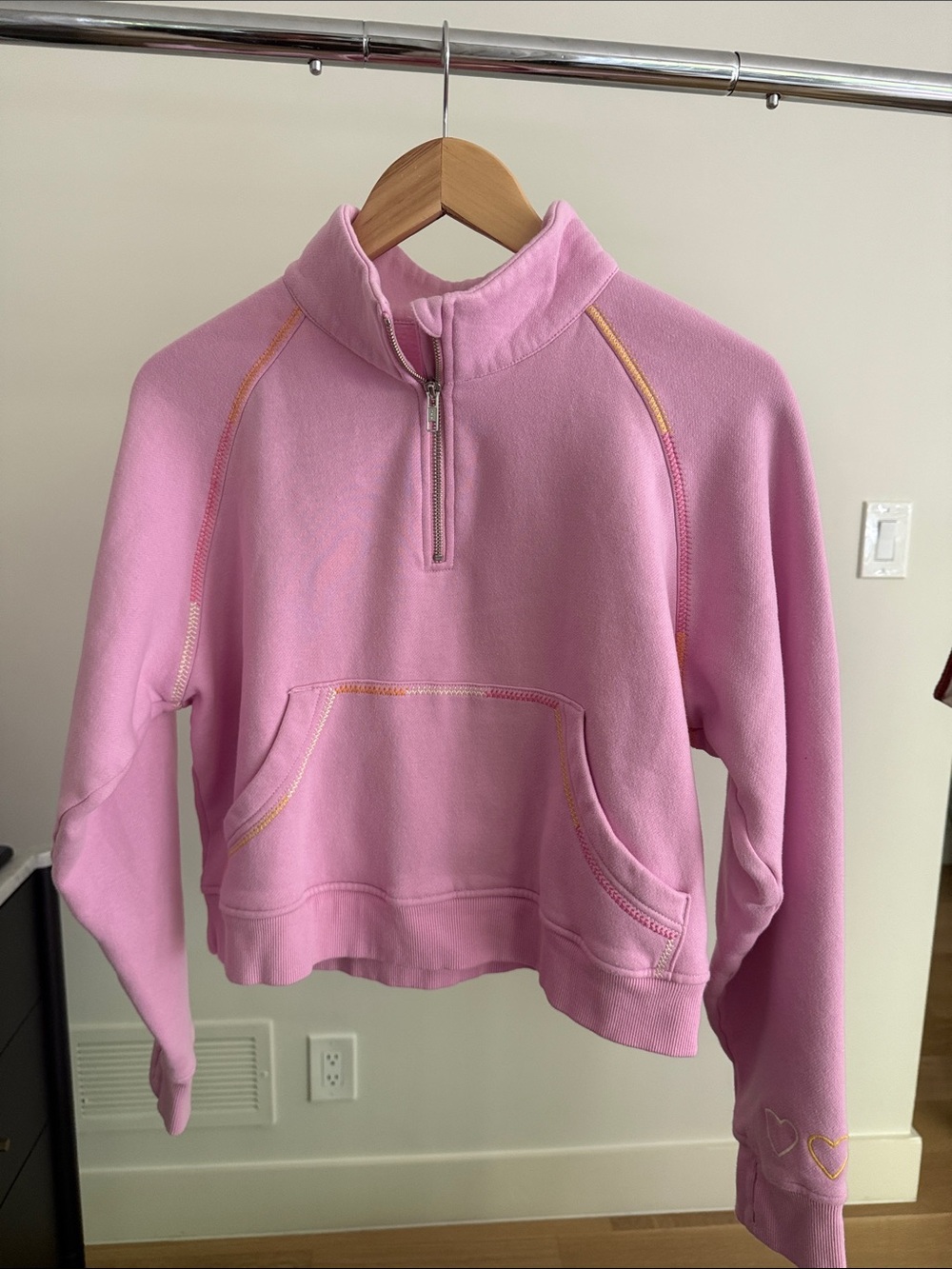 Roller Rabbit Pink Quarter-Zip Pullover with Contrast Stitching, sz Small